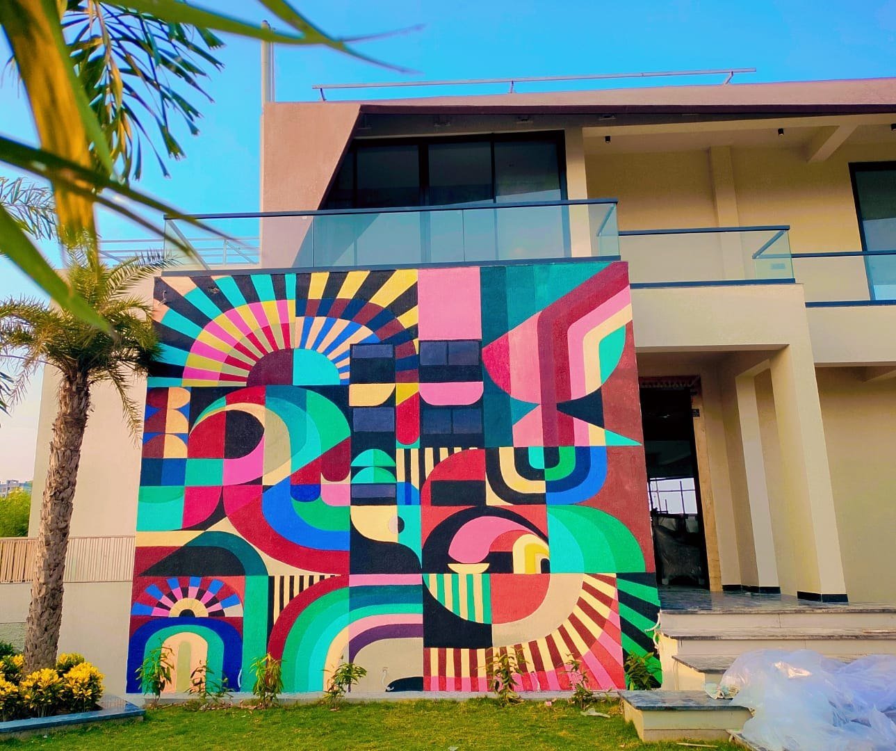 Geometric abstract mural on a private residence
