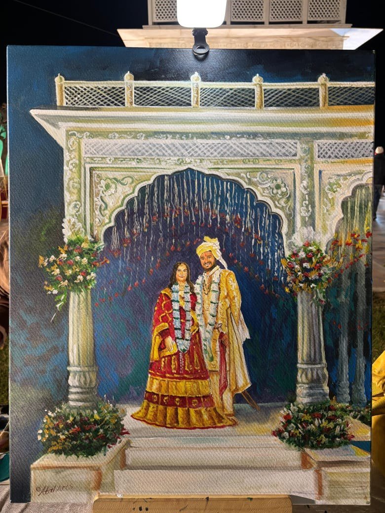 Live wedding portrait painting with a palace backdrop
