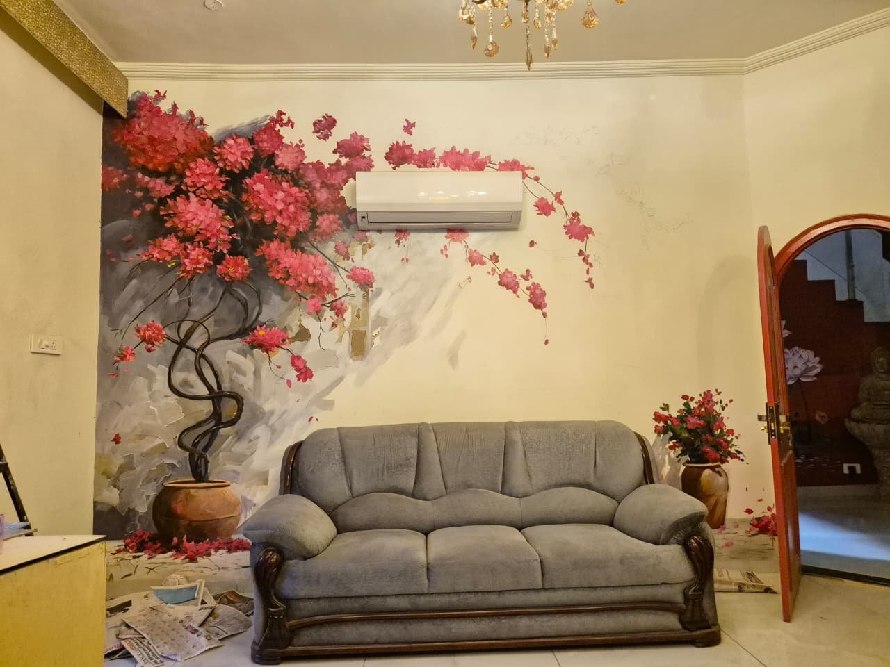 Hand-painted floral ceiling mural